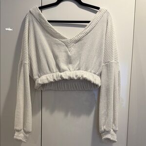 White V-Neck Waffle Knit Sweater